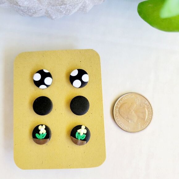 Polka dot, solid black and small flower pot clay earrings multipack - Picture 3 of 3
